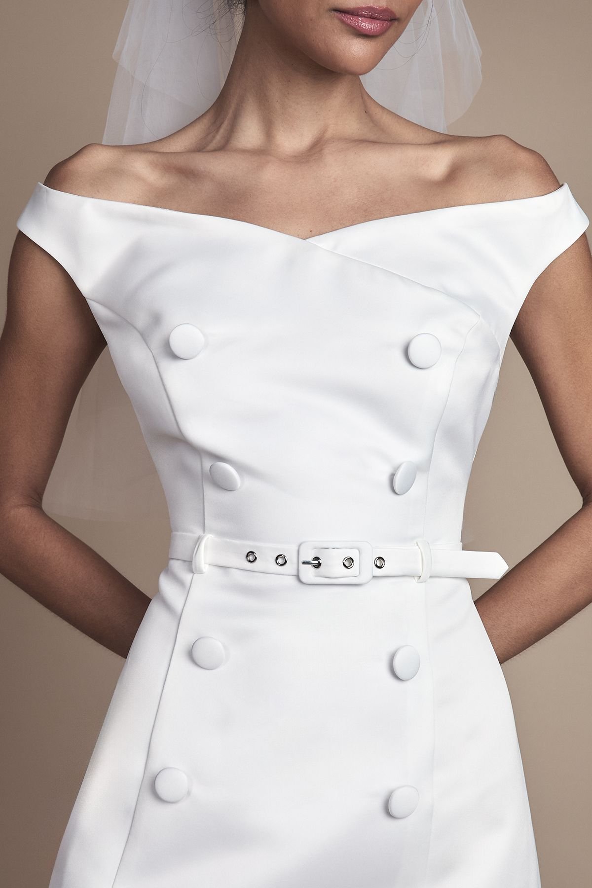 Coast Coast Women's Bardot Fit & Flare Button Detail Mini Wedding Dress in Ivory - 4