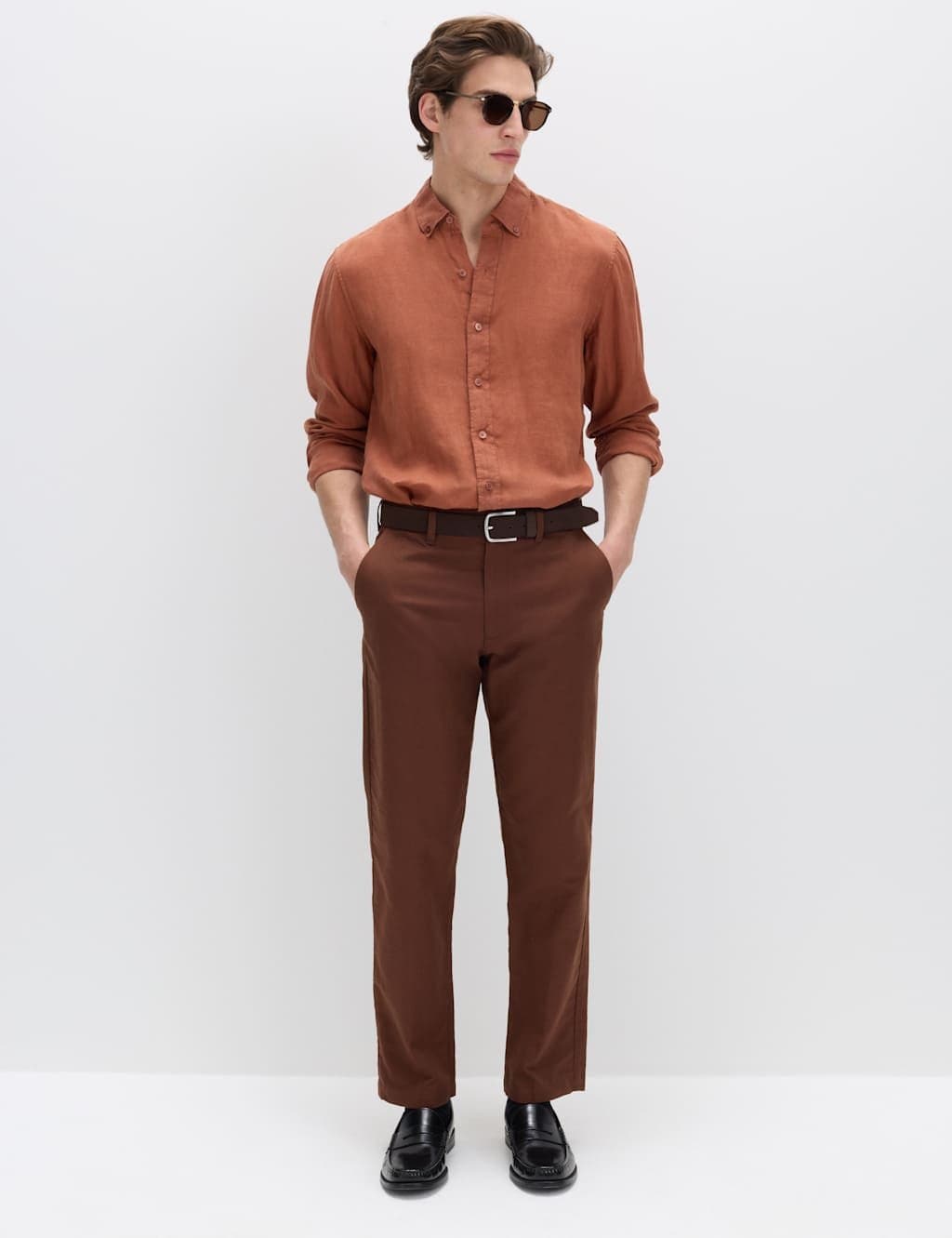Marks & Spencer M&S Regular Fit Linen Blend Chinos Conker