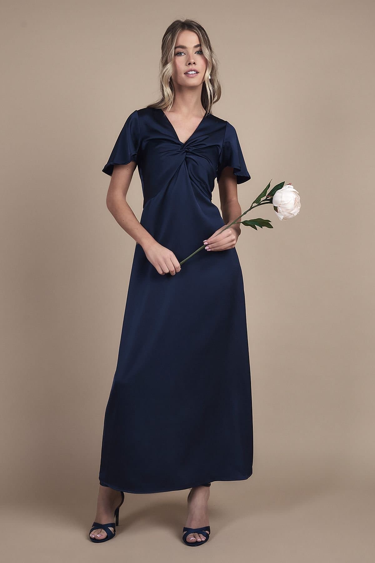 Coast Coast Women's Teen Twist Front Angel Sleeve Bridesmaid Dress in Navy