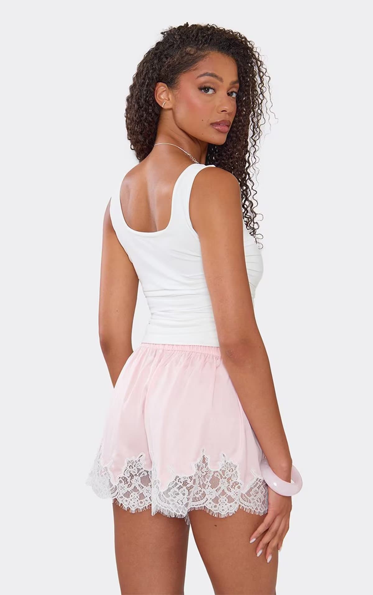 EGO Mid Rise Lace Trim Mini Shorts In Pink Satin, Women's Size UK 6