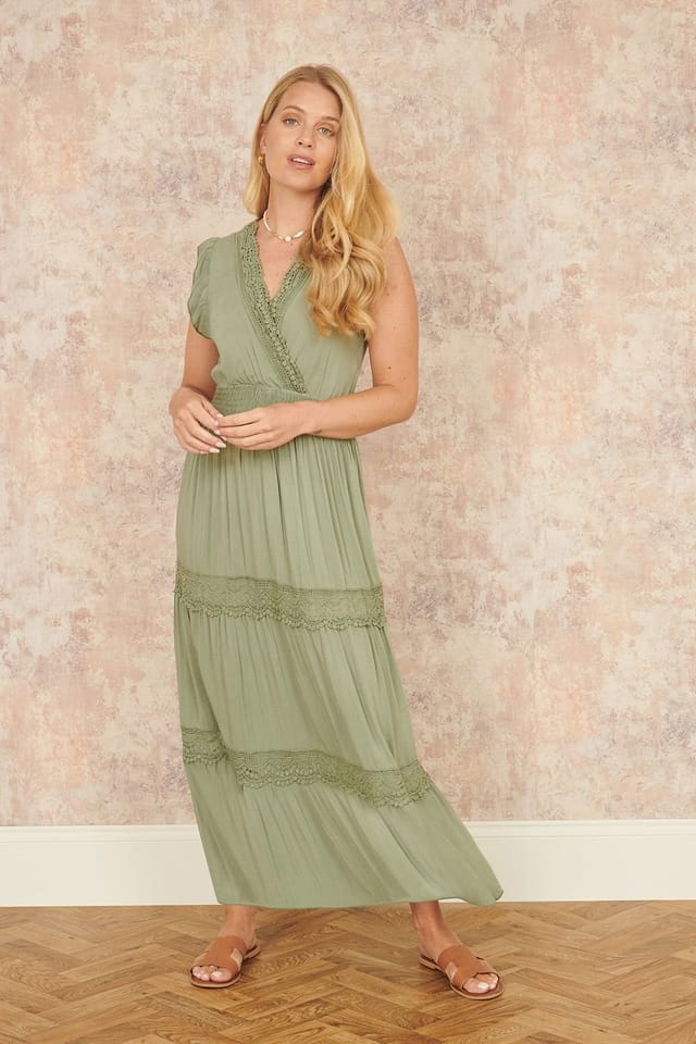 Yumi Yumi Women's Green Viscose Lace Trim Wrap Maxi Dress - 2
