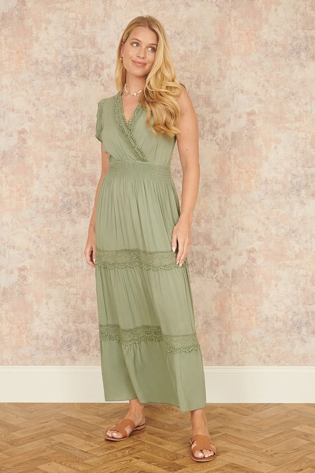Yumi Yumi Women's Green Viscose Lace Trim Wrap Maxi Dress - 3
