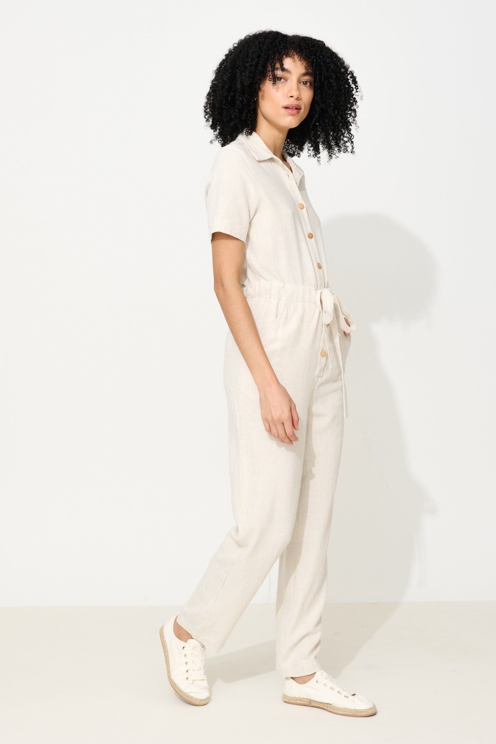 Louche Louche Women's Justin Linen Mix Short Sleeve Jumpsuit - Natural in Beige - 4
