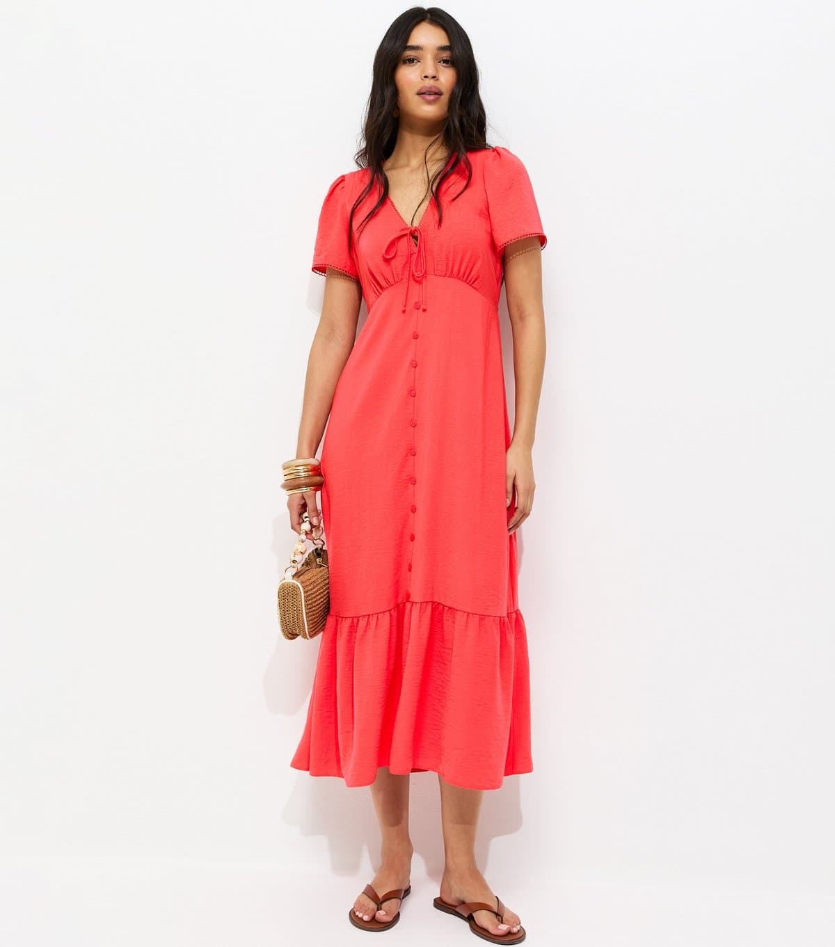 New Look Women's Dark Coral Button Through Tea Midi Dress New Look