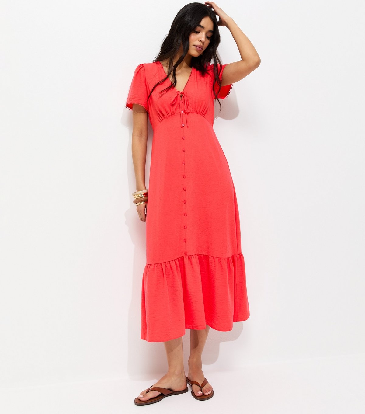 New Look Women's Dark Coral Button Through Tea Midi Dress New Look - 3