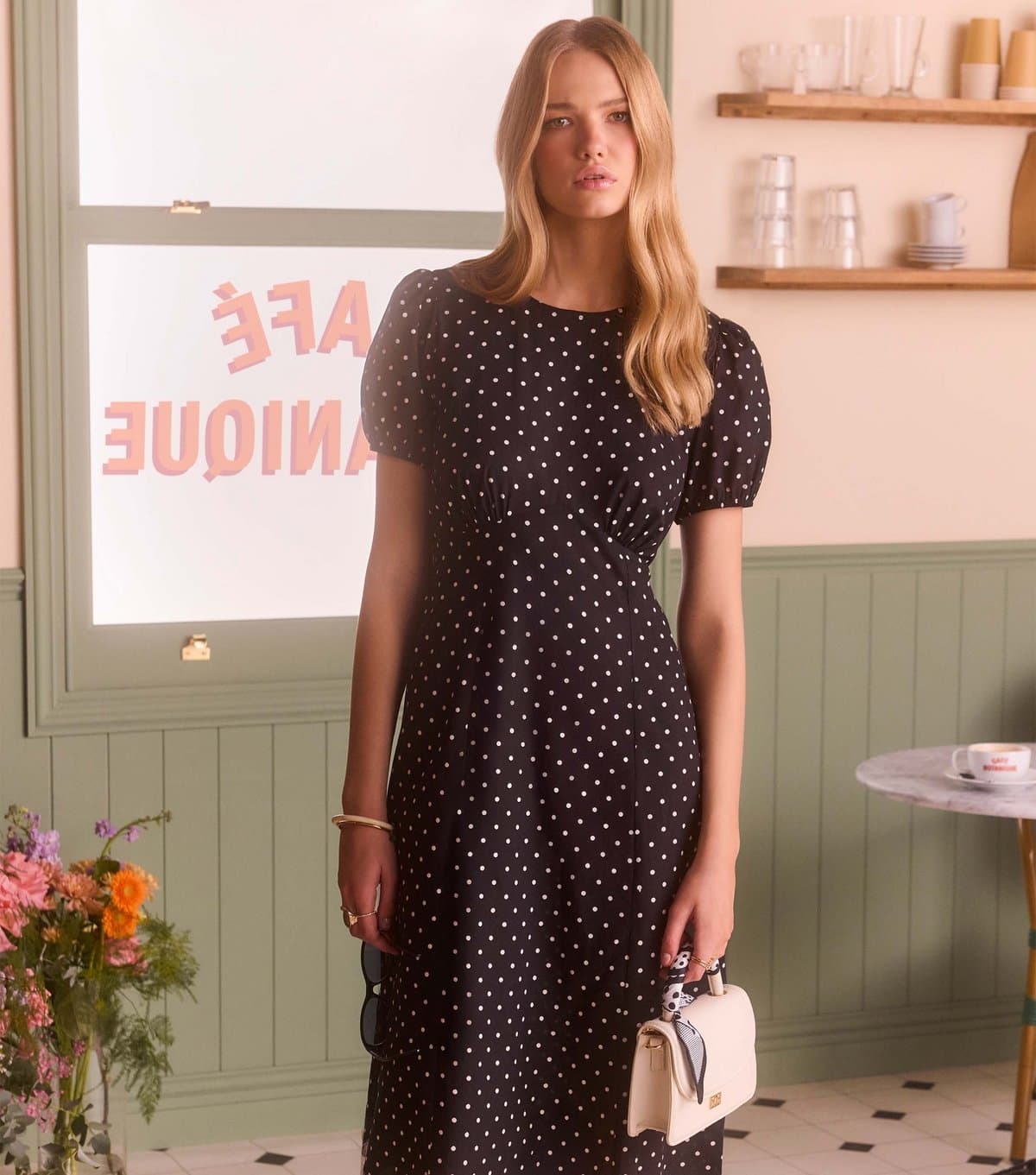 New Look Women's Black Spot Print Lace Trim Midi Dress New Look