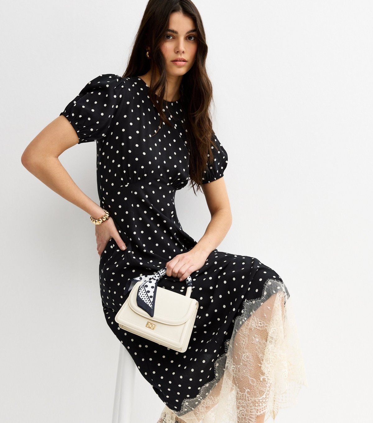 New Look Women's Black Spot Print Lace Trim Midi Dress New Look - 2