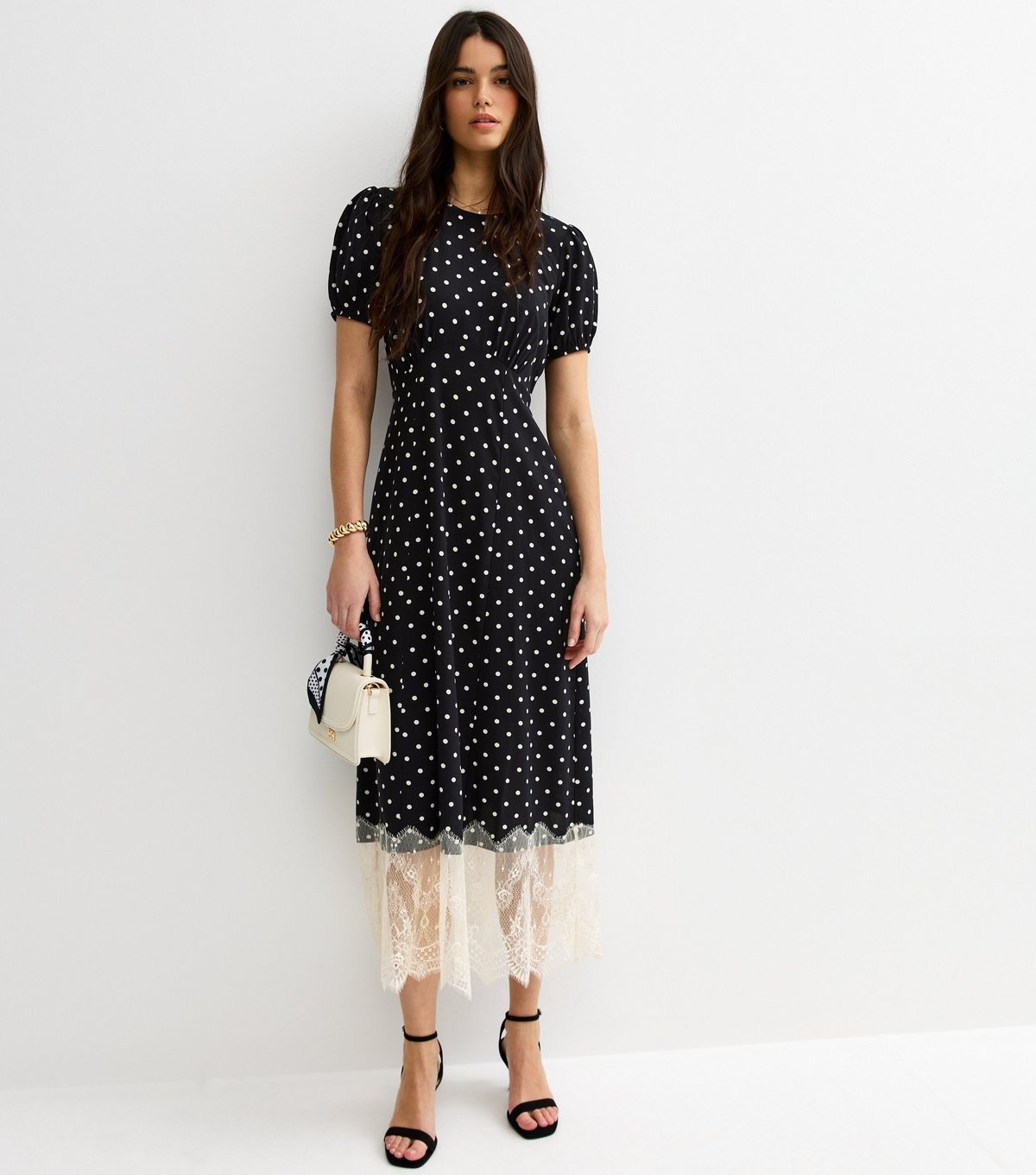 New Look Women's Black Spot Print Lace Trim Midi Dress New Look - 3