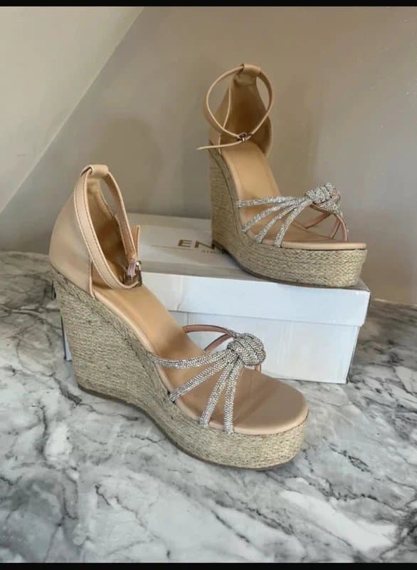 Envy Envy Shoes Viral Leonie Nude Silver Diamante Crystal Sparkle Knot Wedges Summer Love Island Size 6