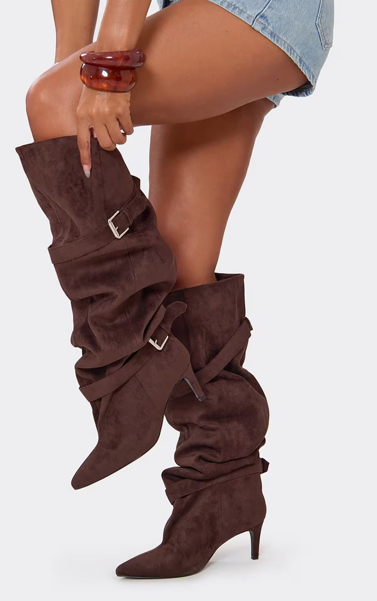 EGO Pyla Buckle Detail Knee High Slouched Heeled Boot In Brown Faux Suede, Women's Size UK 3