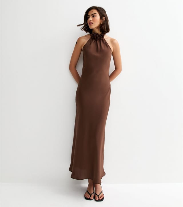 New Look Women's Brown Satin Floral Applique Halterneck Midi Dress New Look - 3