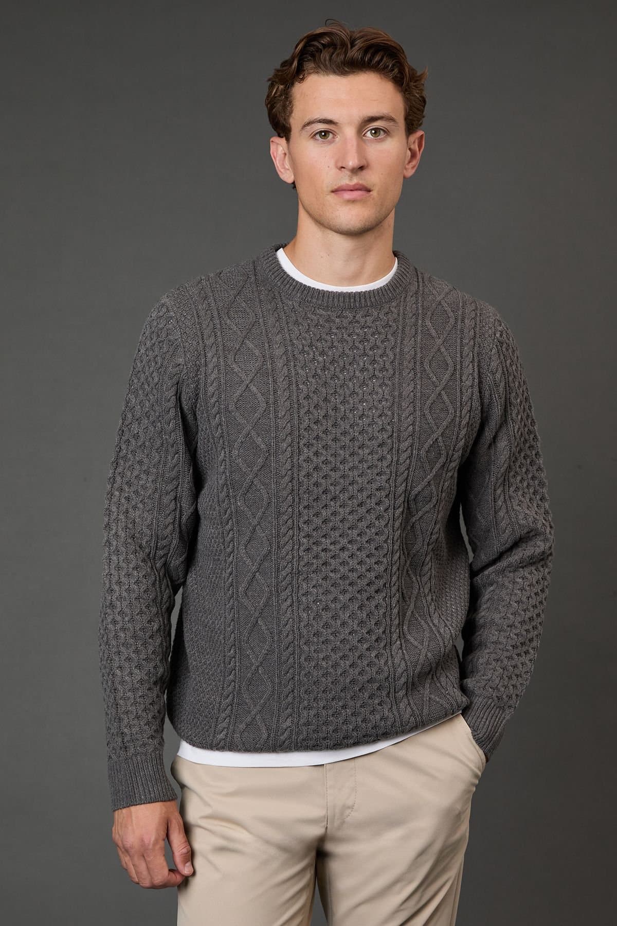 Burton Burton Men's Mid Grey Chunky Cable Crew Neck Jumper