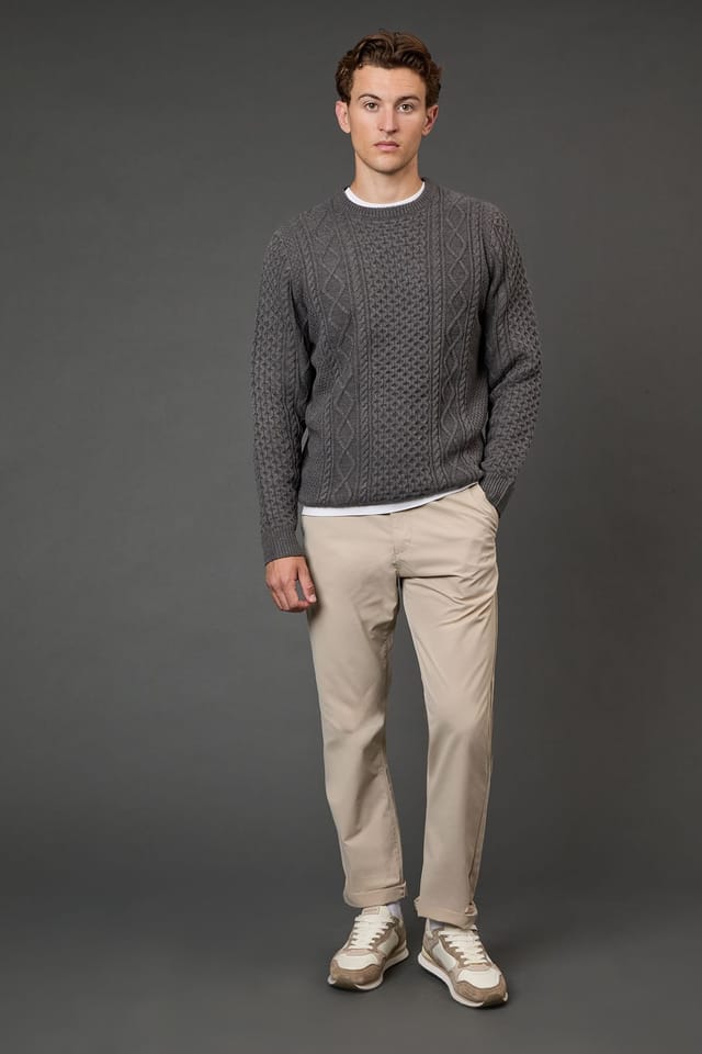 Burton Burton Men's Mid Grey Chunky Cable Crew Neck Jumper - 2