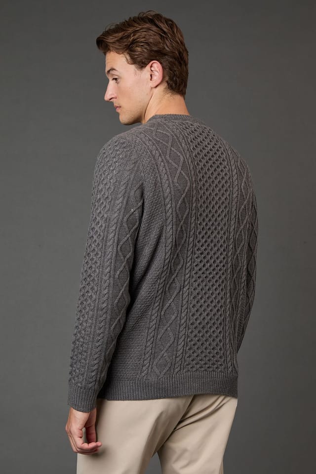 Burton Burton Men's Mid Grey Chunky Cable Crew Neck Jumper - 3