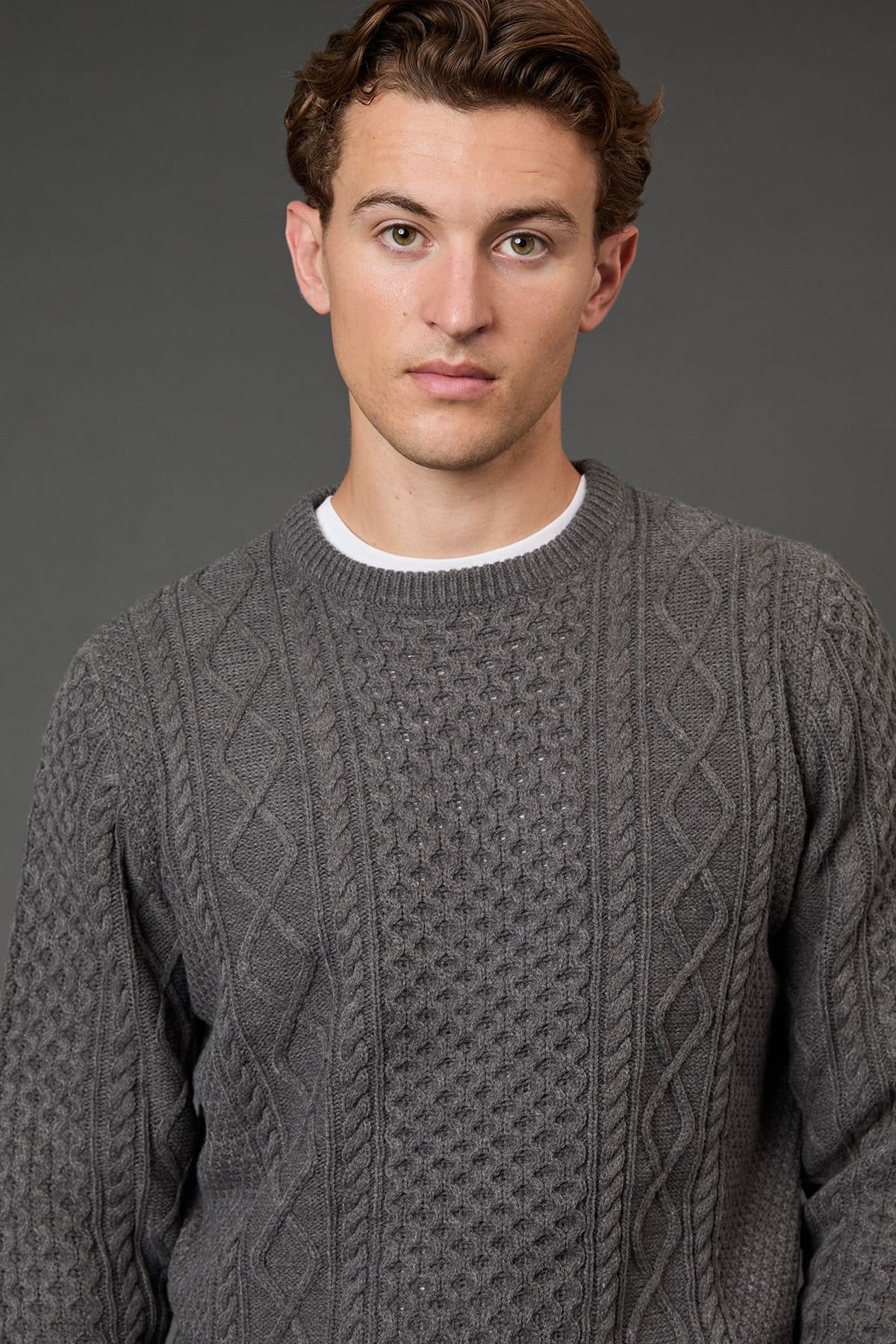 Burton Burton Men's Mid Grey Chunky Cable Crew Neck Jumper - 4
