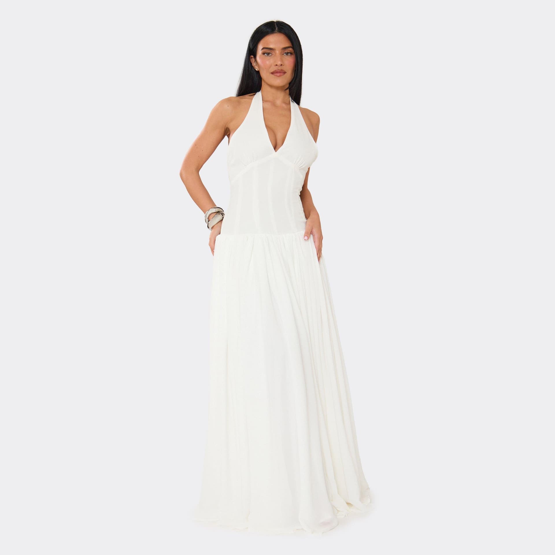 EGO Plunge Halterneck Lace Up Back Boned Corset Maxi Dress In White, Women's Size UK 6