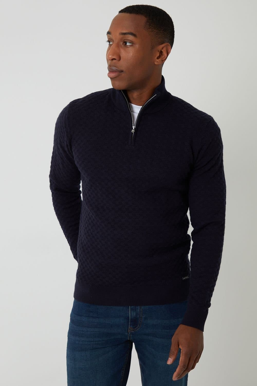 Threadbare Threadbare Men's Textured Cable Knit Quarter Zip Jumper in Navy