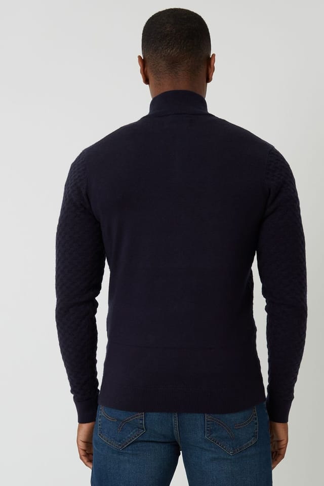 Threadbare Threadbare Men's Textured Cable Knit Quarter Zip Jumper in Navy - 2