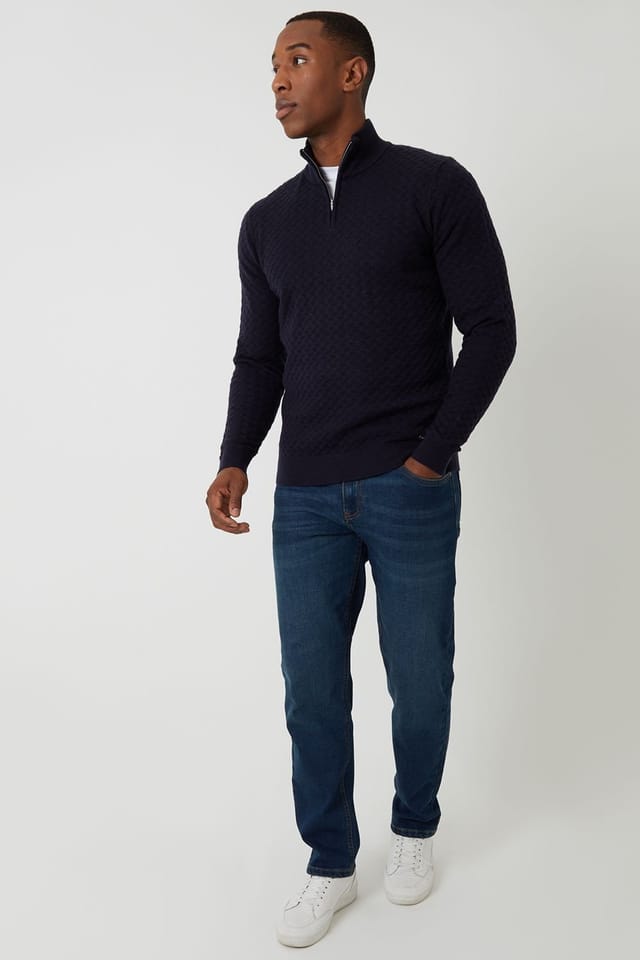 Threadbare Threadbare Men's Textured Cable Knit Quarter Zip Jumper in Navy - 3