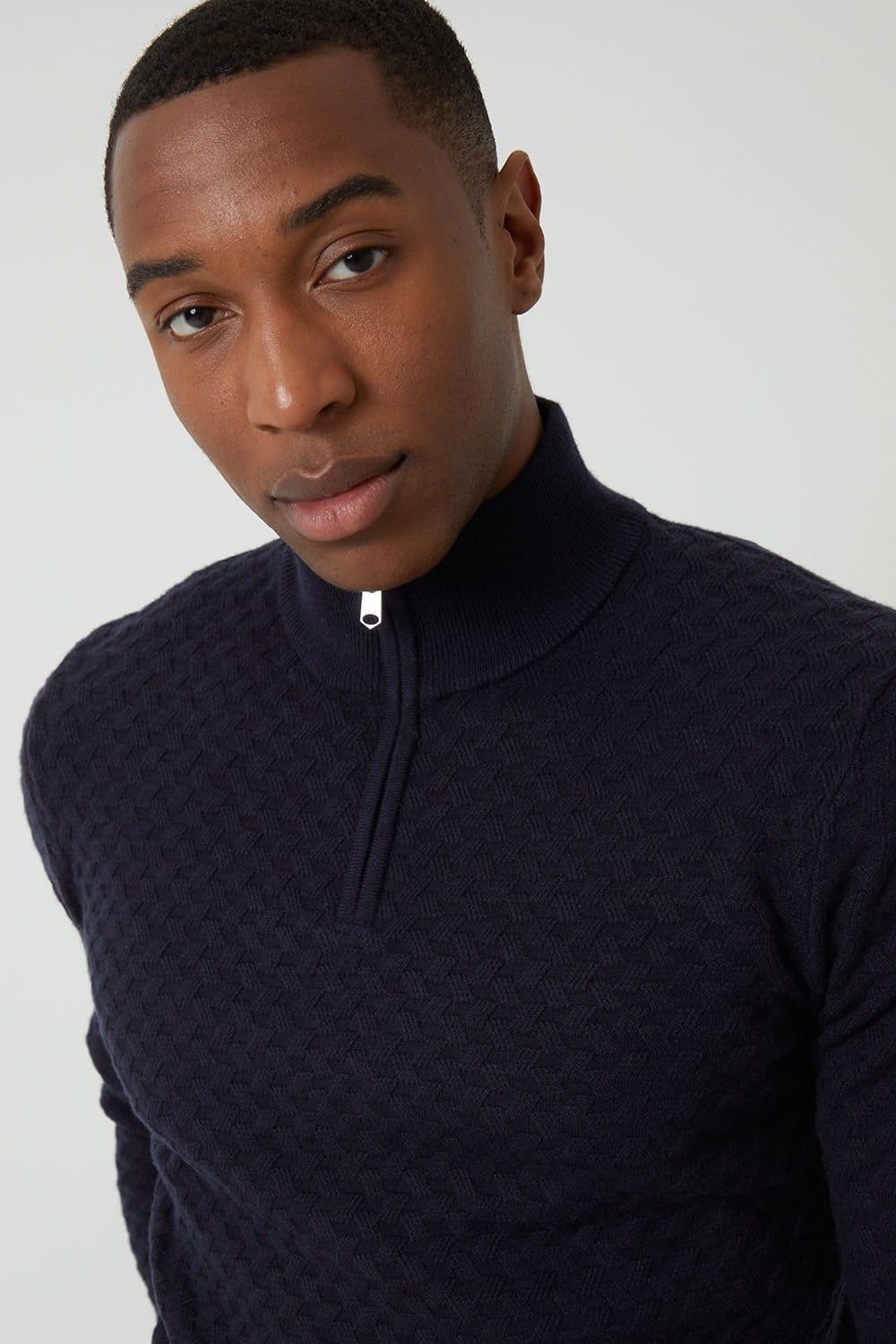 Threadbare Threadbare Men's Textured Cable Knit Quarter Zip Jumper in Navy - 4