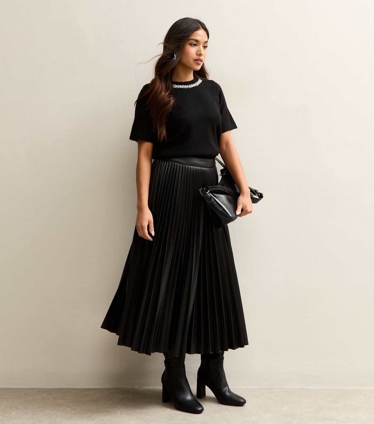 New Look Women's Petite Black Faux Leather Pleated Midi Skirt New Look