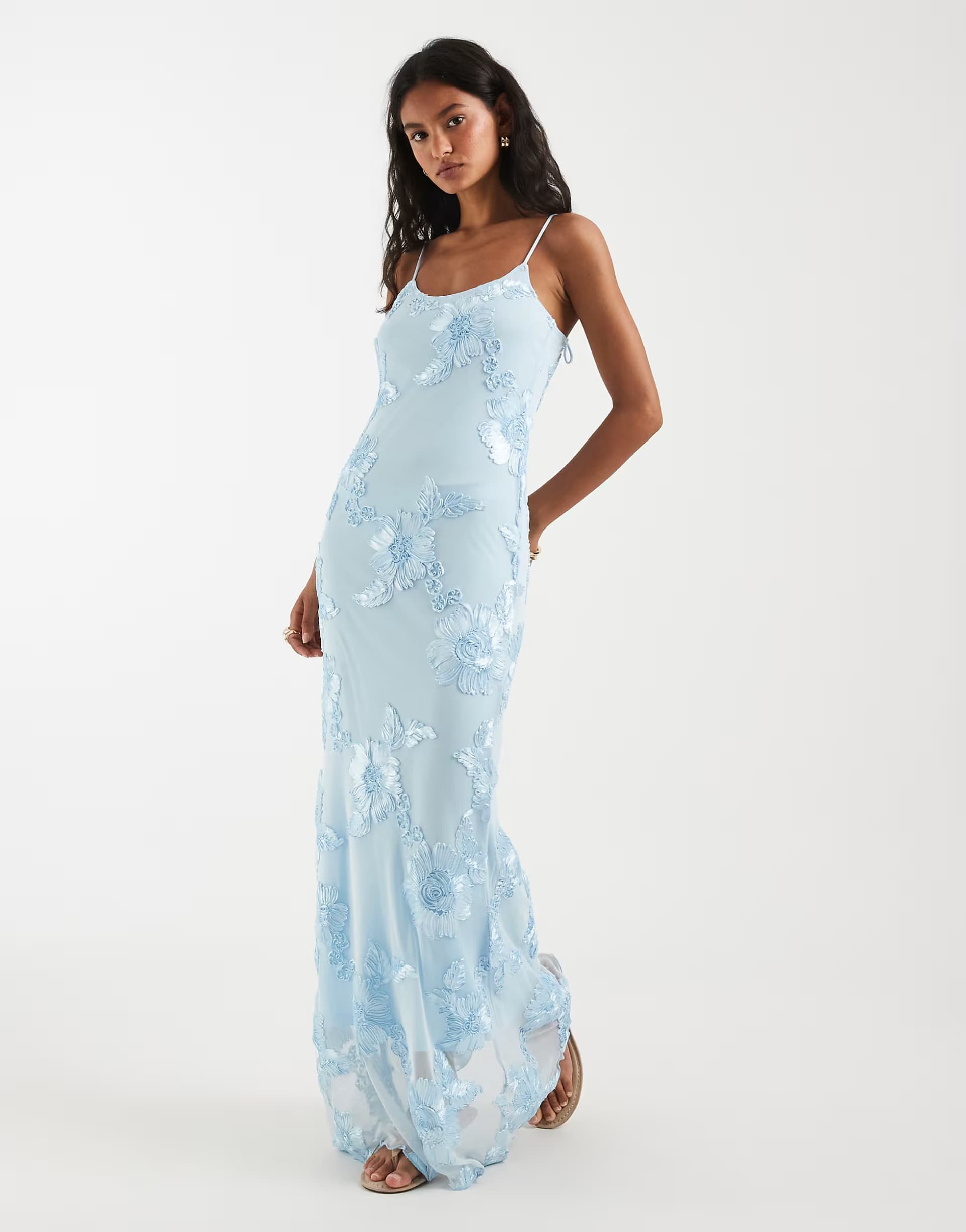 ASOS Pieces floral embroidered mesh cami maxi dress in light blue