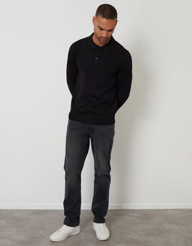 Threadbare threadbare Men's Knitted Long Sleeve Polo Jumper in Black - 3