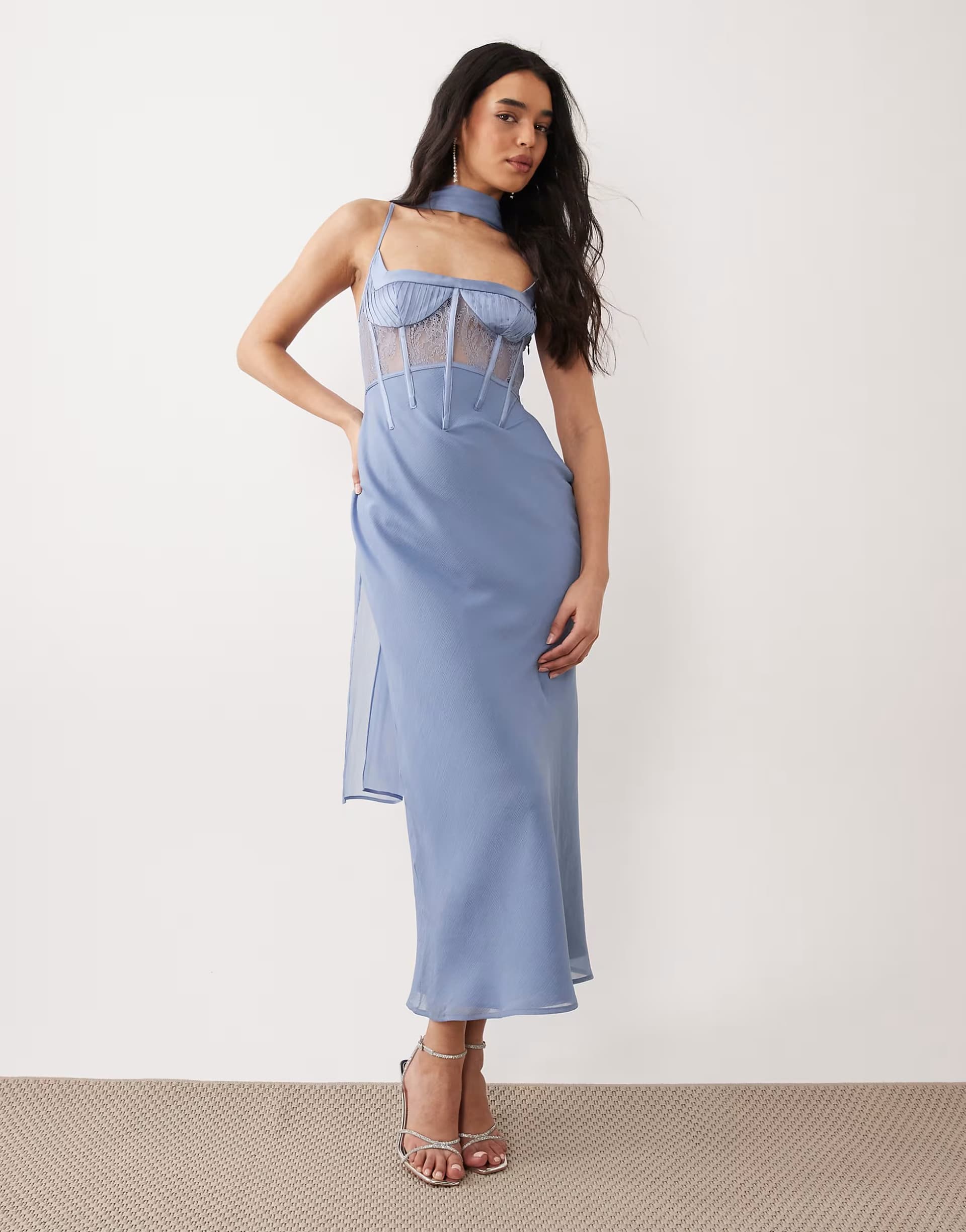 ASOS ASOS DESIGN cami satin and lace slip midi dress with scarf detail in light blue