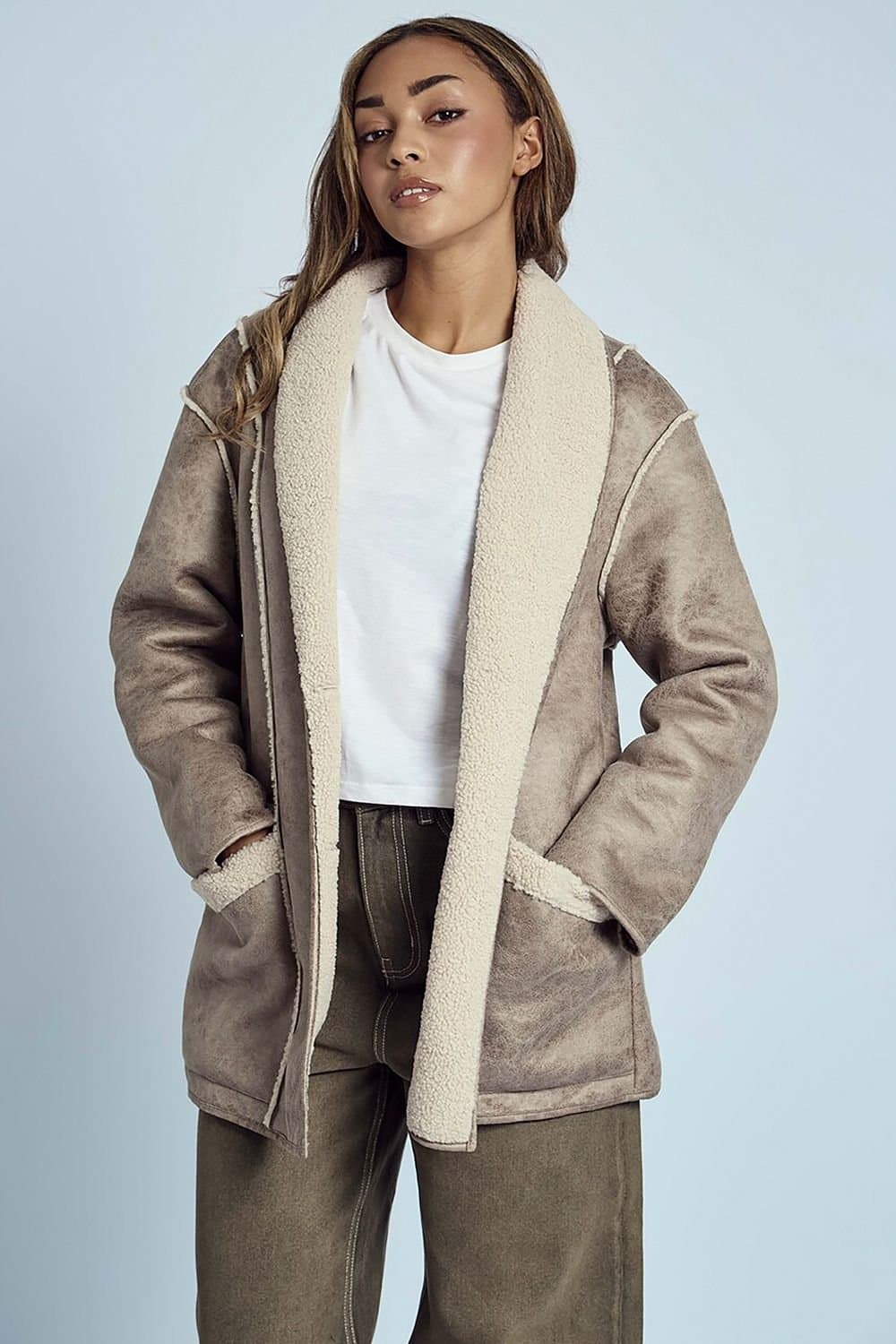 Native Youth Native Youth Women's Leather Effect Borg Lined Shawl Aviator Jacket in Brown