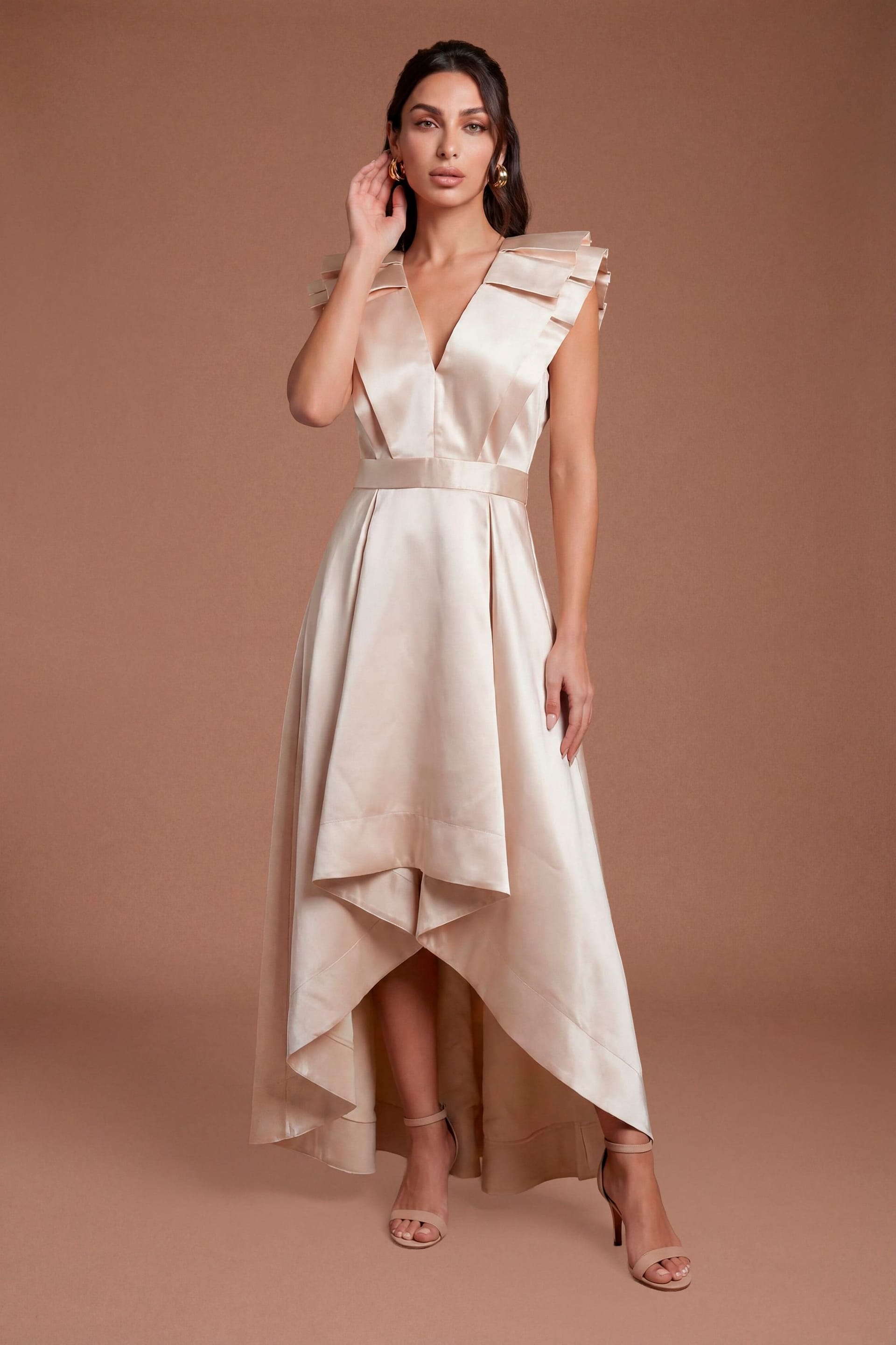 Coast Coast Women's Frill Sleeve V Neck Midi Dress in Champagne - 4