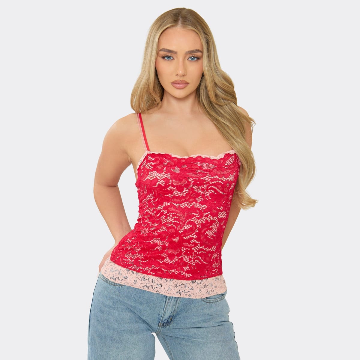 EGO Strappy Contrast Layered Vest Top In Red Lace, Women's Size UK 6 - 1