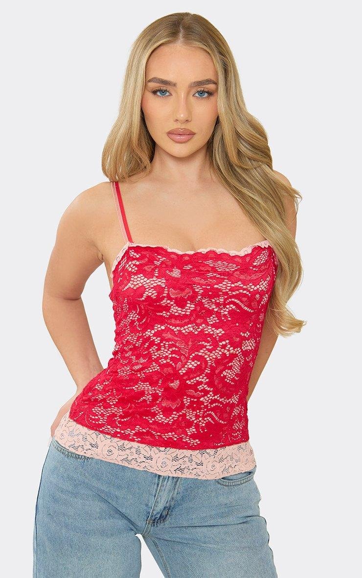 EGO Strappy Contrast Layered Vest Top In Red Lace, Women's Size UK 6 - 2