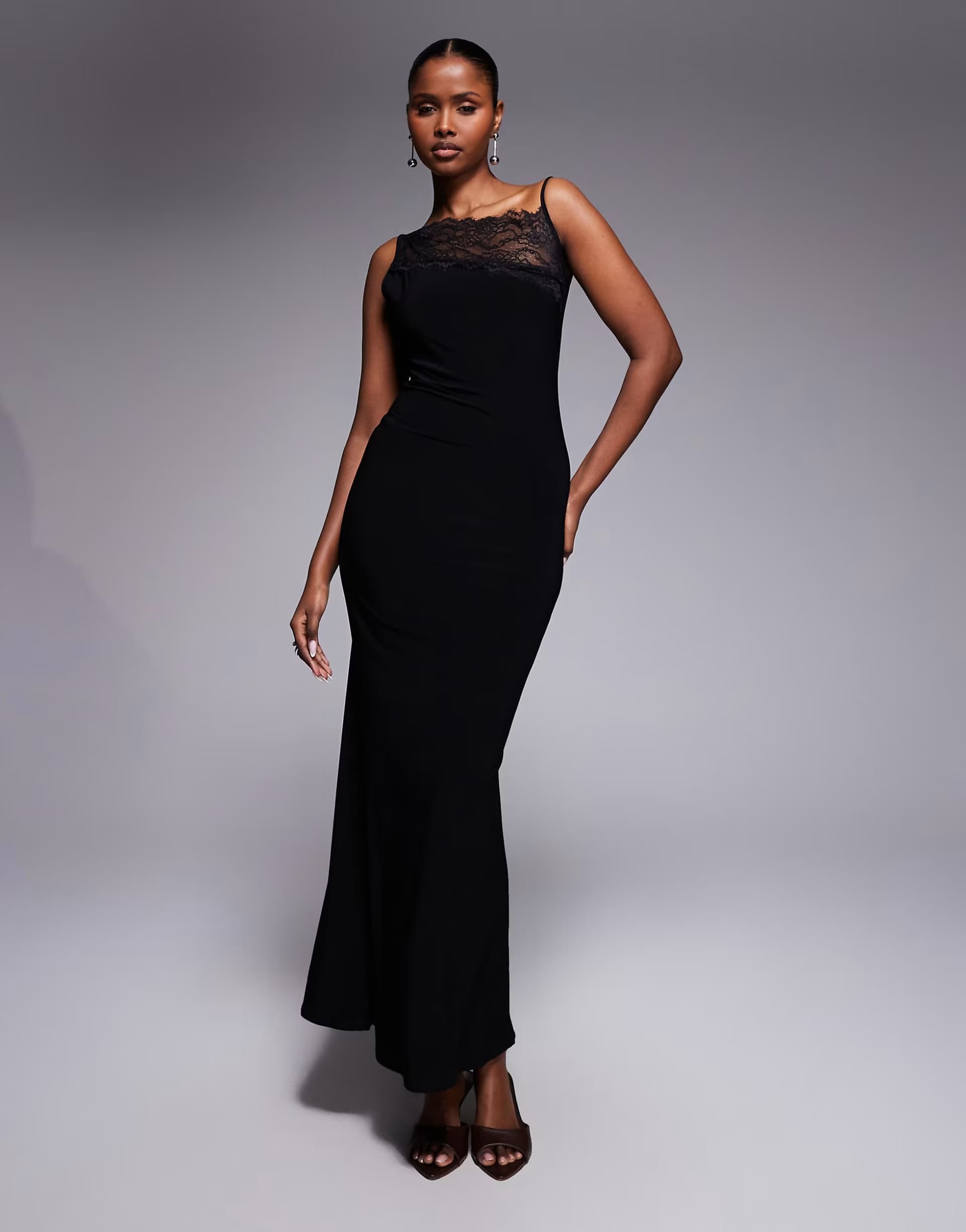 ASOS ASOS DESIGN asym lace neckline cami maxi dress in black