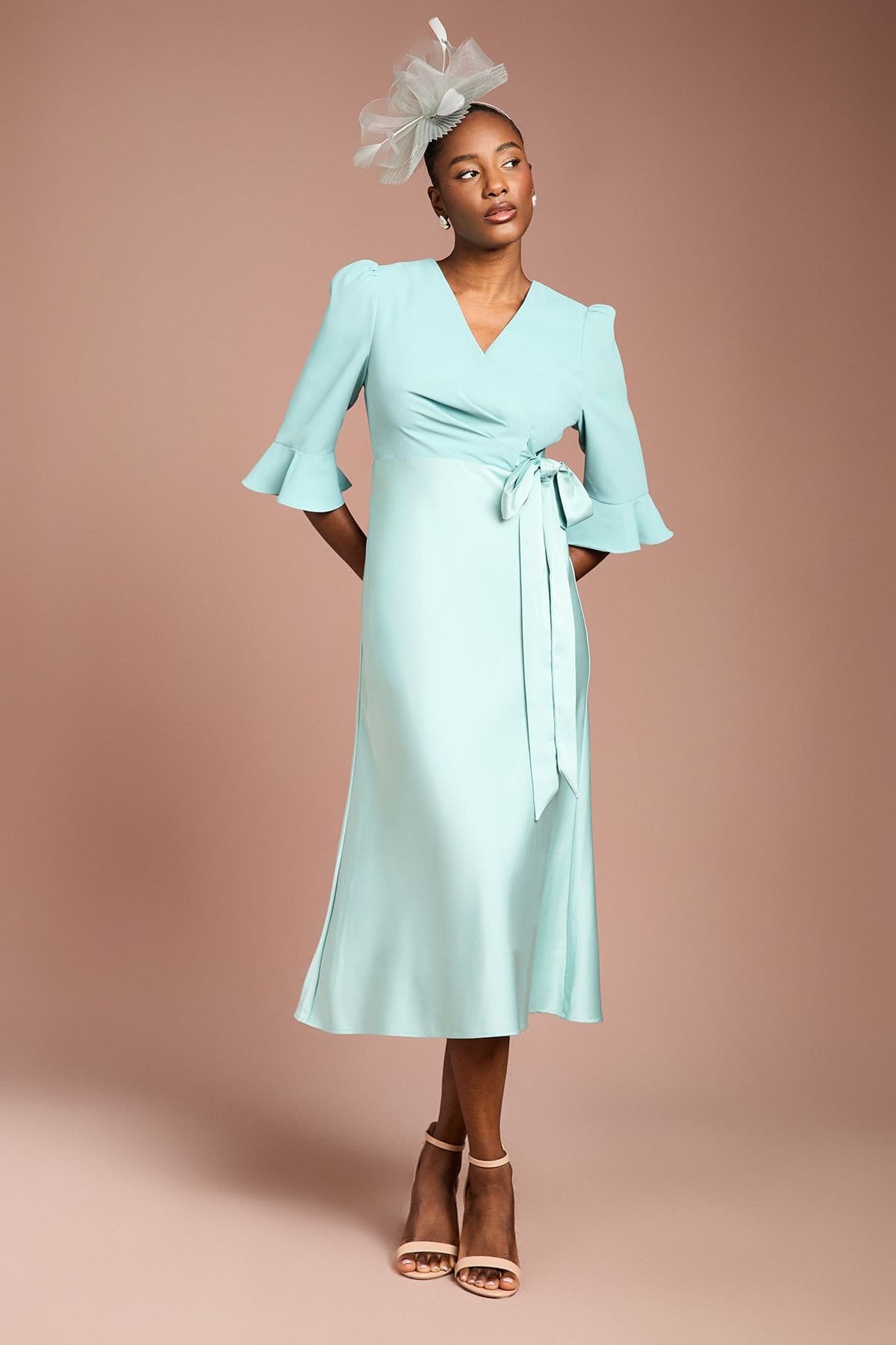 Coast Coast Women's Ruffle Sleeve Satin Back Crepe Wrap Dress in Duck Egg - 1