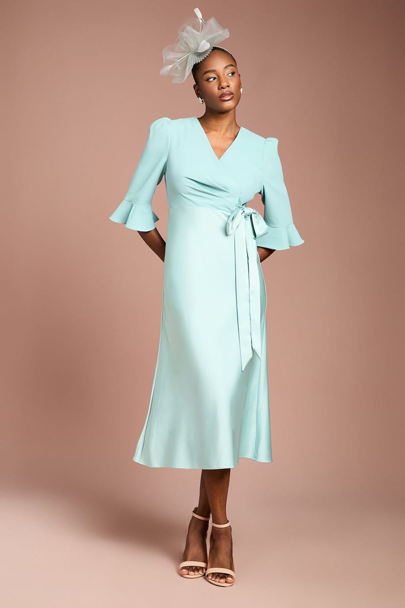 Coast Coast Women's Ruffle Sleeve Satin Back Crepe Wrap Dress in Duck Egg - 1
