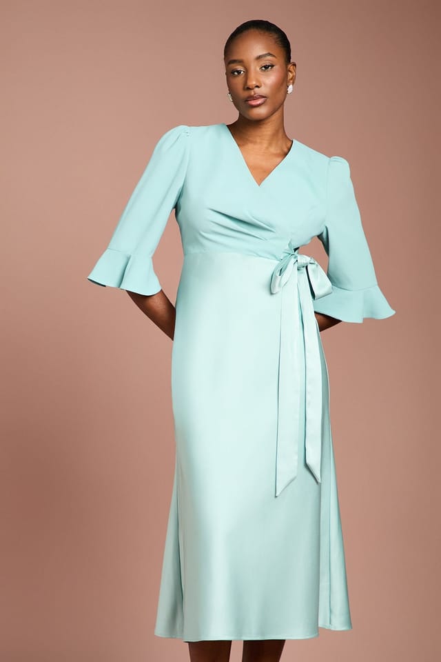 Coast Coast Women's Ruffle Sleeve Satin Back Crepe Wrap Dress in Duck Egg - 2