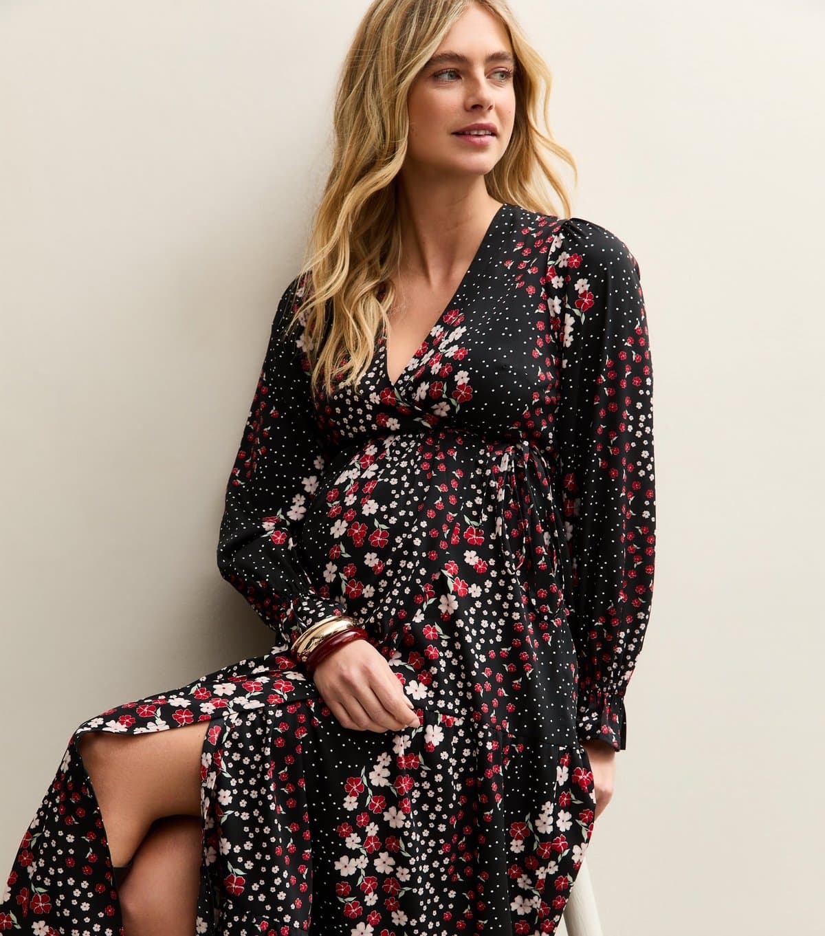 New Look Women's Maternity Black Floral Crepe Wrap Midi Dress New Look