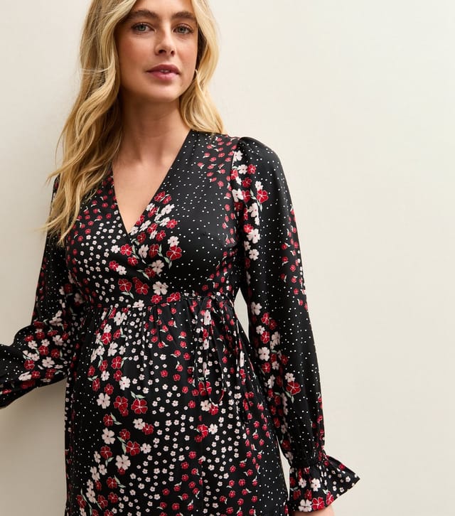 New Look Women's Maternity Black Floral Crepe Wrap Midi Dress New Look - 2