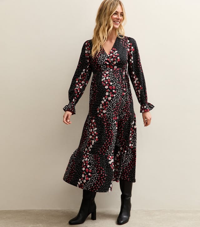 New Look Women's Maternity Black Floral Crepe Wrap Midi Dress New Look - 3