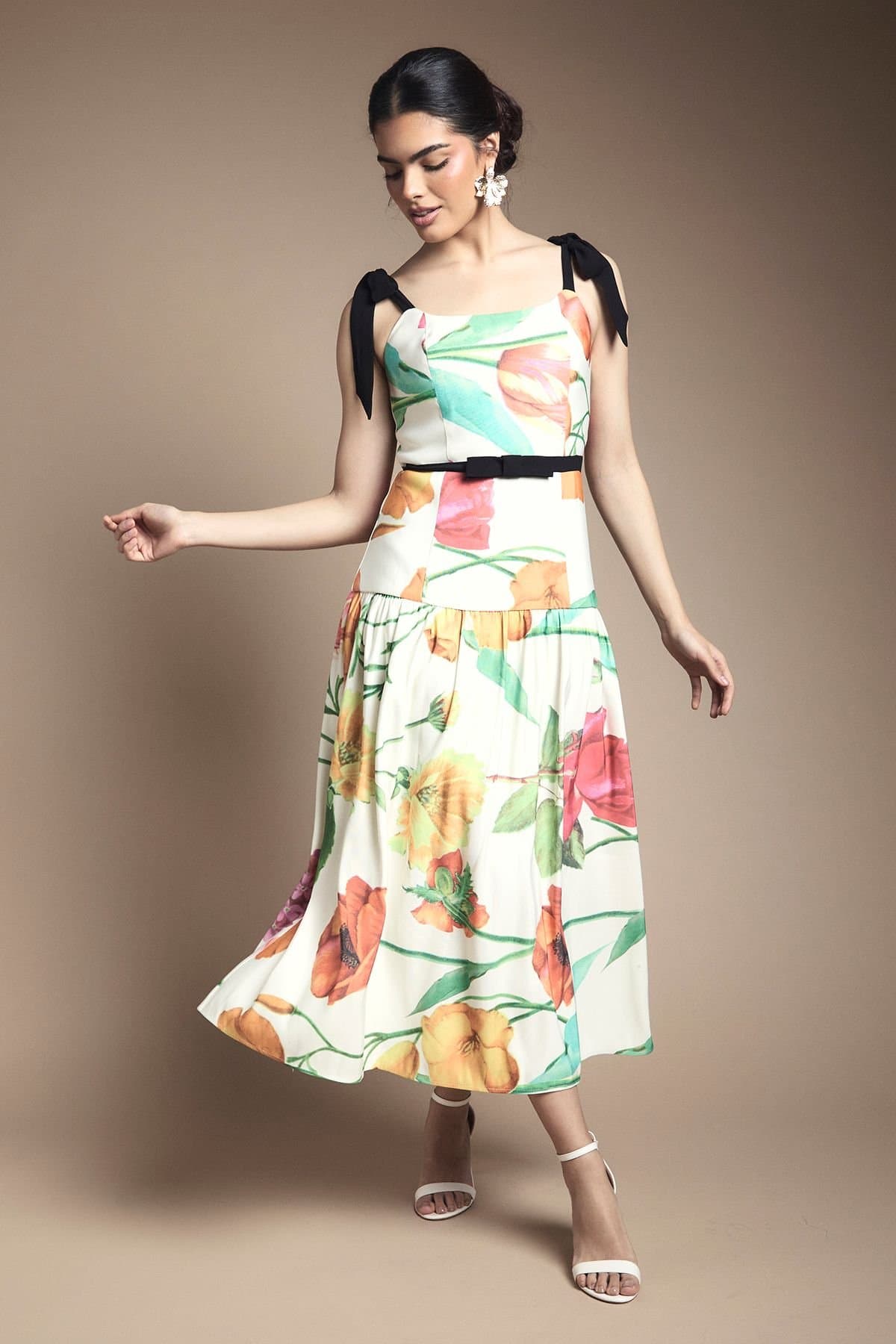 Oasis Oasis Women's Bow Detail Drooped Waist Midi Dress in Ivory