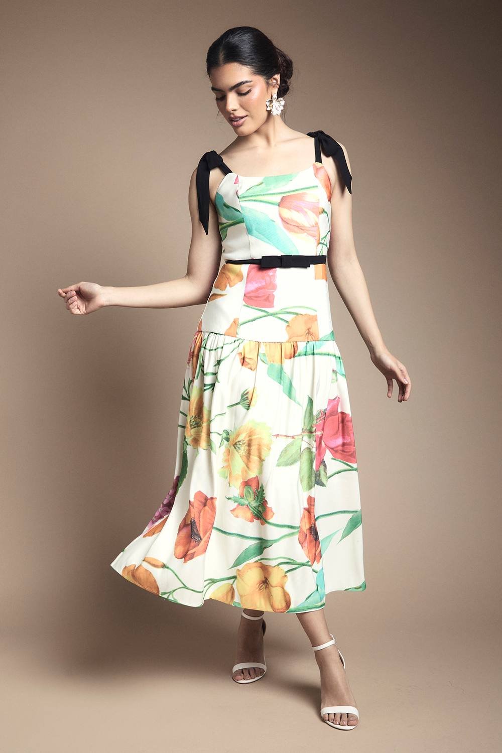 Oasis Oasis Women's Bow Detail Drooped Waist Midi Dress in Ivory - 2