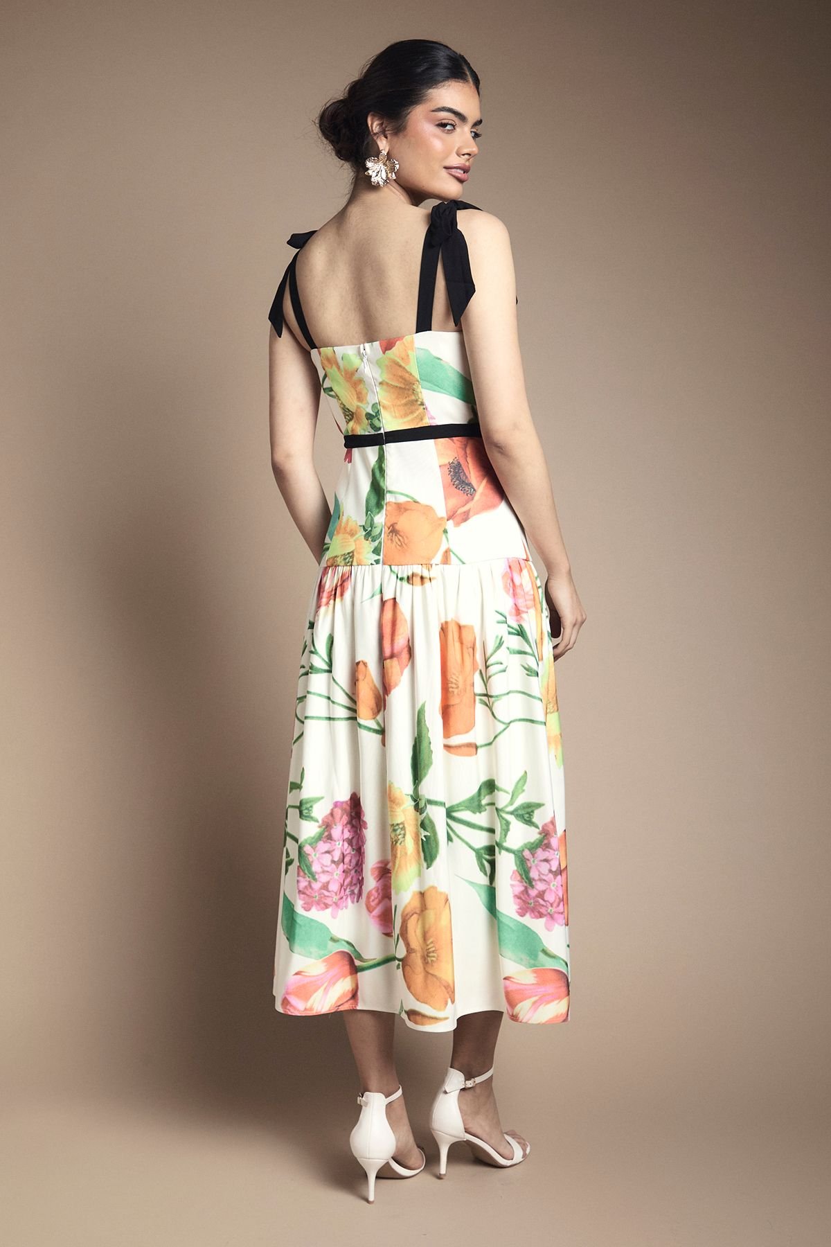 Oasis Oasis Women's Bow Detail Drooped Waist Midi Dress in Ivory - 3