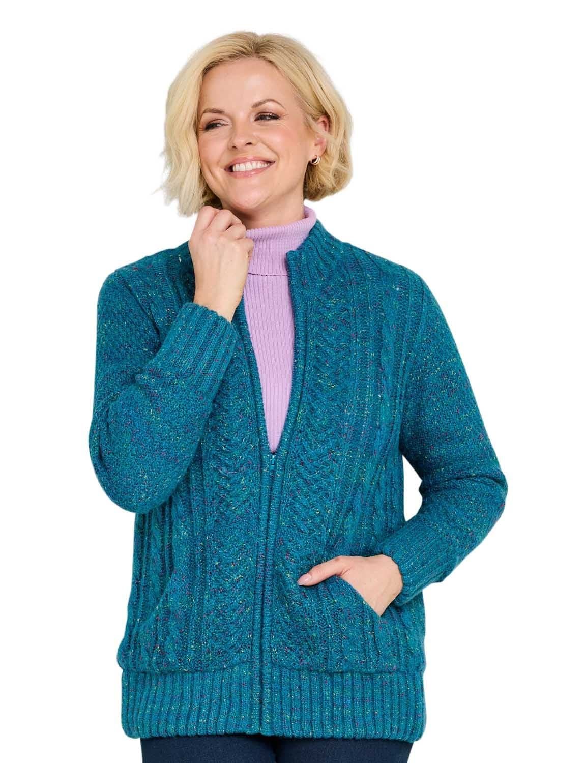 Amber Amber Women's Borg Fleece Lined Zip Cardigan in Teal
