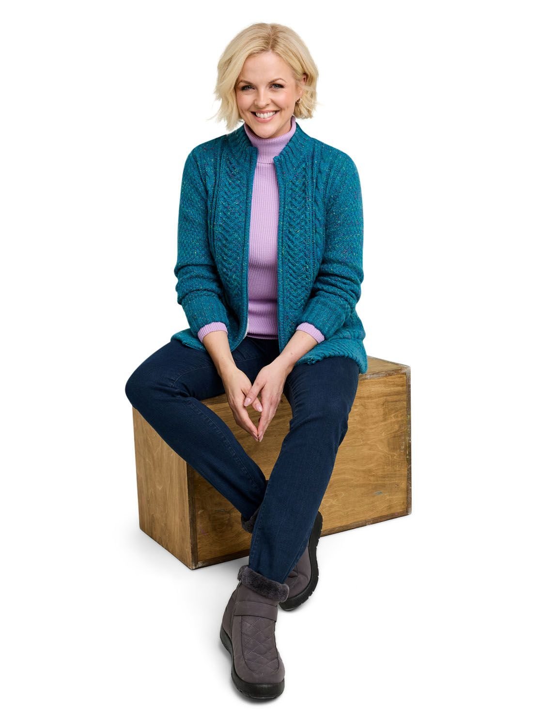 Amber Amber Women's Borg Fleece Lined Zip Cardigan in Teal - 2