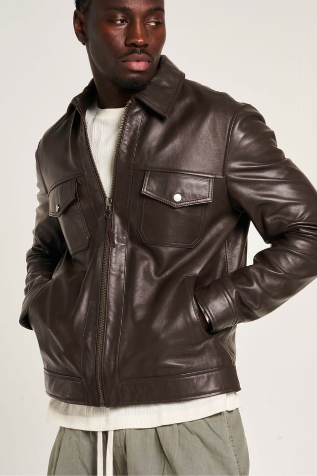 Barneys Originals Barneys Originals Men's Brown Leather Trucker Jacket - 2