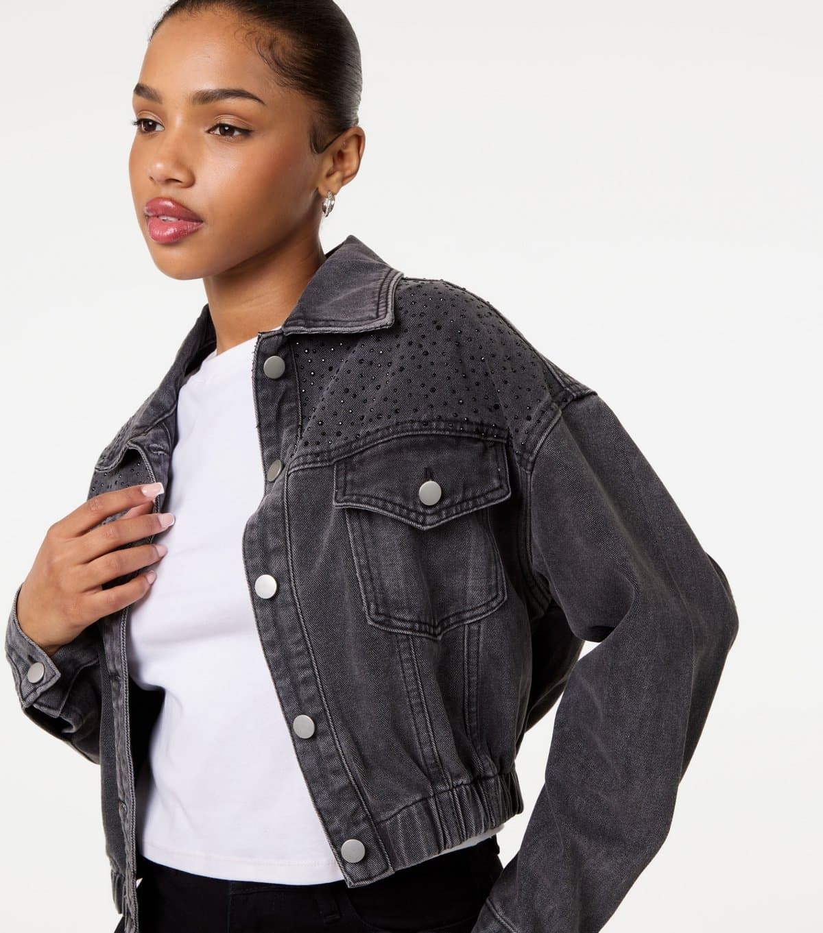 Pink Vanilla Pink Vanilla Black Diamante Embellished Denim Jacket