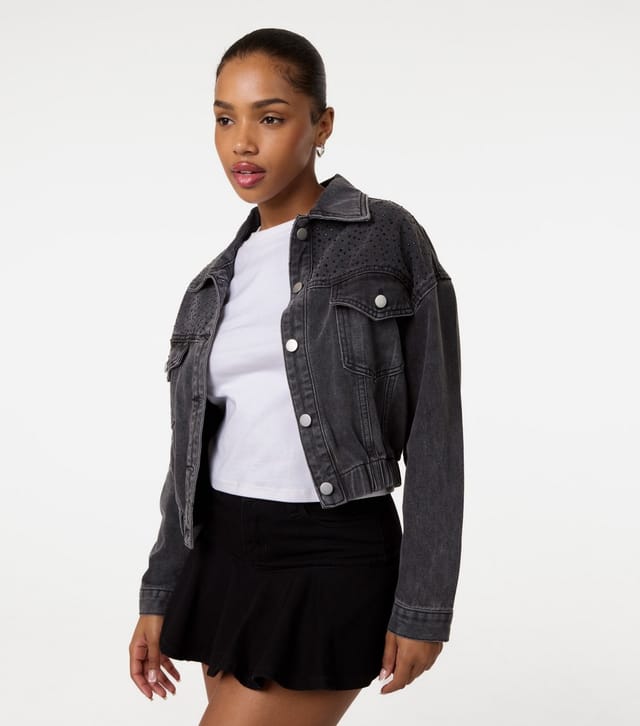 Pink Vanilla Women's Black Diamante Embellished Denim Jacket Pink Vanilla New Look - 3
