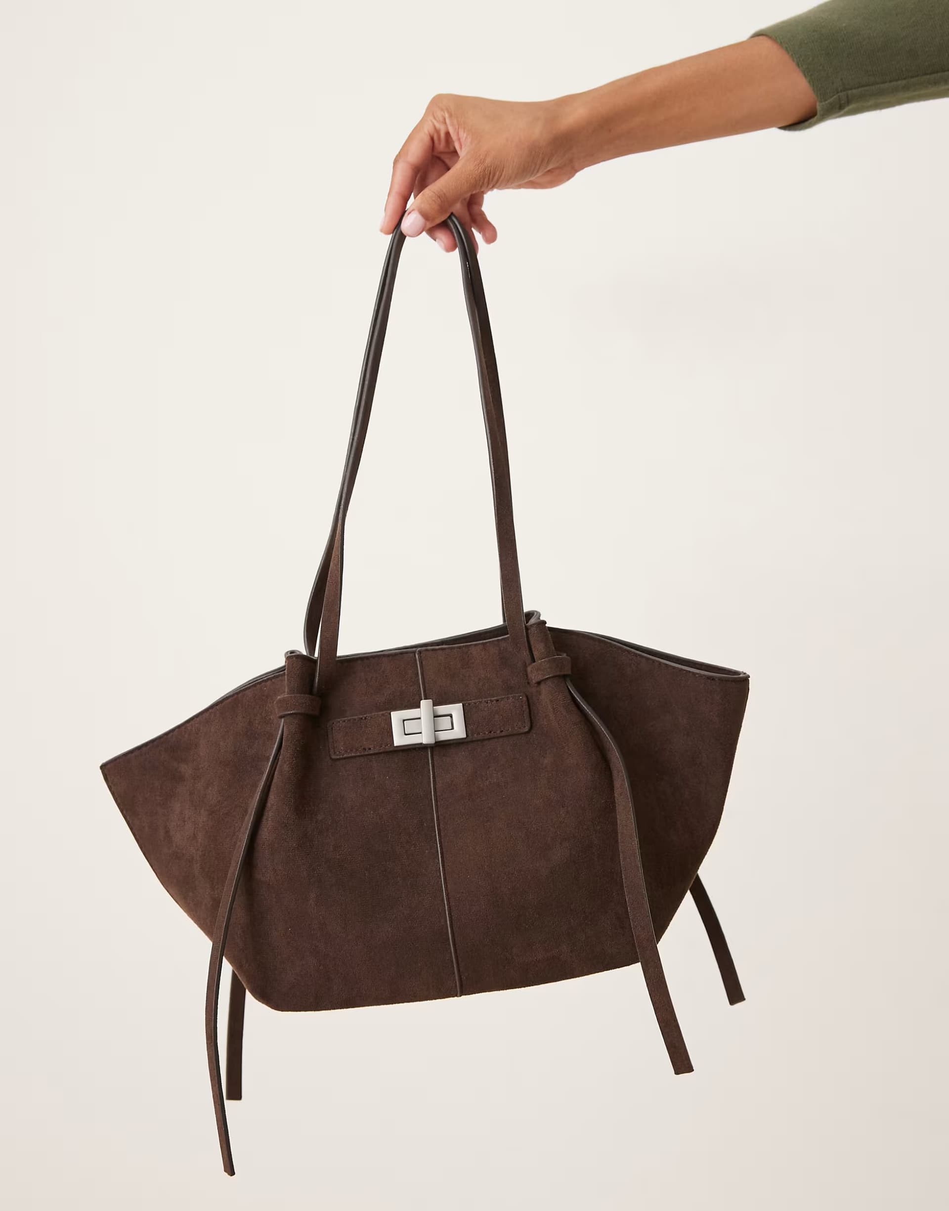 ASOS Gina Tricot faux suede small tote bag with strap and clutch detail in dark brown