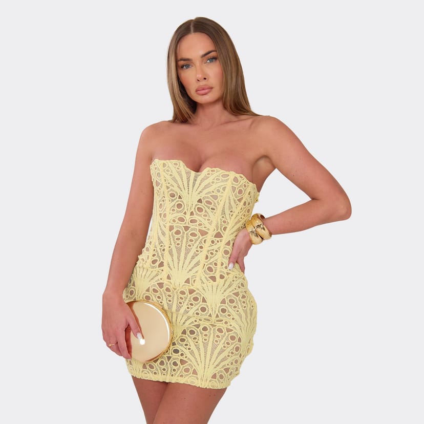 EGO Bandeau Corset Detail Mini Dress In Yellow Textured Lace, Women's Size UK 6 - 1