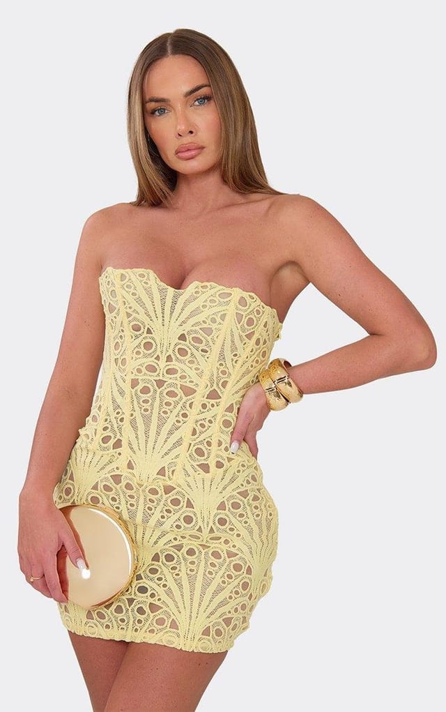 EGO Bandeau Corset Detail Mini Dress In Yellow Textured Lace, Women's Size UK 6 - 2